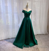 Satin Emerald Green Pleated A-Line Off-shoulder Evening Prom Dresses